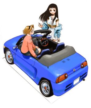 2girls archived_source arm_at_side bad_link bag black_hair black_hairband blouse blue_car blue_jacket blue_sky blue_sleeves breasts brown_bag brown_eyes brown_hair car car_keys chair clothes_down convertible cross-laced_clothes cross-laced_top curtained_hair from_above hairband handbag hirai_yukio holding holding_key honda honda_beat jacket kei_car key long_hair long_sleeves medium_breasts medium_hair mirror motor_vehicle multiple_girls no_pants original perspective pink_jacket pink_sleeves profile shirt skirt sky sleeve_cuffs sleeveless sleeveless_shirt steering_wheel straight_hair wheel white_shirt white_skirt