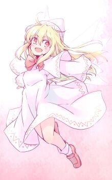 1girl :d blonde_hair blush bow bowtie capelet commentary_request dress fairy fairy_wings full_body gradient_background hat knees lily_white long_hair one-hour_drawing_challenge open_mouth pink_background rangycrow red_bow red_bowtie red_eyes red_shoes shoes sideways_glance smile socks solo touhou white_capelet white_dress white_hat white_socks wings