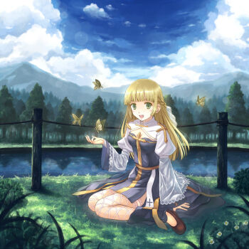 1girl arch_bishop_(ragnarok_online) blonde_hair blue_dress blue_sky blunt_bangs blush braid breasts brown_shoes bug butterfly cleavage cleavage_cutout clothing_cutout cloud commentary_request cross dated_commentary day dress fishnet_thighhighs fishnets forest french_braid full_body grass green_eyes hime_cut insect juliet_sleeves long_sleeves looking_at_viewer mountainous_horizon nature open_mouth outdoors puffy_sleeves ragnarok_online river sash shoes sitting sky small_breasts smile solo thighhighs tree two-tone_dress white_dress white_thighhighs yakka yellow_butterfly yellow_sash