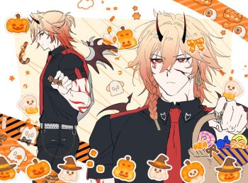 1boy black_pants black_shirt blonde_hair braid chest_tattoo cm_(tenji1352) commentary_request facial_tattoo fake_horns fake_wings gradient_hair halloween_costume honkai:_star_rail honkai_(series) horns korean_commentary male_focus medium_hair multicolored_hair multiple_views mydei_(honkai:_star_rail) pants red_hair red_tattoo shirt side_braid tattoo wings yellow_eyes