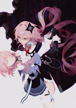 2girls absurdres buttons chain choker collar commentary_request crack dancing dress dual_persona earrings evernight_(honkai:_star_rail) flower gem gloves hair_between_eyes hair_flower hair_ornament hairclip highres hitohachan honkai:_star_rail honkai_(series) jewelry long_hair march_7th_(honkai:_star_rail) march_7th_(preservation)_(honkai:_star_rail) medium_hair multiple_girls off_shoulder overskirt parallel_hairclips pink_hair red_eyes red_gemstone ribbon single_earring skirt thigh_strap two-tone_background very_long_hair