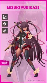 1girl 3d animated audible_speech bare_shoulders bodysuit boots breasts brown_hair character_name covered_navel curvy dark-skinned_female dark_skin elbow_gloves full_body gloves gun highleg highleg_leotard highres holding holding_gun holding_weapon impossible_clothes impossible_leotard japanese_audio leotard lilith-soft long_hair looking_at_viewer mizuki_yukikaze one-piece_tan pink_background pink_eyes revealing_clothes shiny_clothes shiny_skin small_breasts smile tagme taimanin_(series) taimanin_squad taimanin_yukikaze talking tan tanline thigh_boots thong_leotard twintails very_long_hair video weapon wide_hips