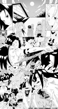 6+boys 6+girls armor asakura_hao asakura_yoh battle black_hair brothers chinese_clothes dark_skin dress earrings facial_hair falling family fighting fingerless_gloves ghost gloves grin hairband highres holding holding_sword holding_weapon jewelry kanna_bismarch kyouyama_anna lilirara long_hair looking_at_another looking_at_viewer marion_phauna matilda_matisse monocrome multiple_boys multiple_girls muscular official_art opacho peyote_diaz polearm ponytail puppet sequential shaman_king short_hair shorts siblings size_difference sky smile spiked_hair spirit standing surfboard sword tao_ren translation_request turbine_(shaman_king) twintails umemiya_ryuunosuke usui_horokeu very_long_hair violence weapon