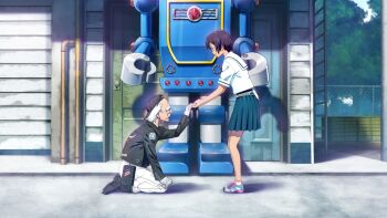 1boy 1girl balding belt_pouch beret black_boots black_hair black_hat black_jacket blue_skirt blue_sky bob_cut boots chuo_tanegashima_high_school_uniform cloud cloudy_sky cropped_shirt daitoku_junna dark-skinned_female dark_skin day fujita_tetsuharu fukuda_tomonori game_cg gloves grandfather_and_granddaughter grey_eyes hat high-waist_skirt highres holding_hands jacket kneeling leather leather_boots leather_jacket miniskirt non-web_source official_art old old_man open_mouth outdoors pants patchwork_clothes pink_shoes pleated_skirt pouch robot robotics;notes sailor_collar school_uniform science_adventure shirt shoes short_hair short_sleeves skirt sky smile standing thick_eyebrows thighs tree white_gloves white_pants white_sailor_collar white_shirt work_gloves