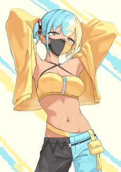 1girl absurdres arms_behind_head bandeau belt black_belt breasts canari_(pokemon) commentary cowboy_shot highres jacket kachi_5057 looking_at_viewer mask mouth_mask multicolored_hair navel nintendo open_clothes open_jacket pants pokemon pokemon_legends:_z-a short_hair sidelocks solo stomach two-tone_hair yellow_bandeau yellow_eyes yellow_jacket zipper zipper_pull_tab