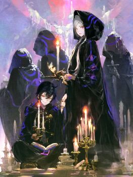 1boy 1girl 3others black_hair black_robe book book_stack candle dark_persona evil_smile female_robin_(fire_emblem) female_robin_(grima)_(fire_emblem) fire_emblem fire_emblem_awakening highres hood hood_up hooded_robe lkppp long_sleeves looking_at_viewer male_morgan_(fire_emblem) mother_and_son multiple_others nintendo red_eyes robe short_hair sitting smile standing