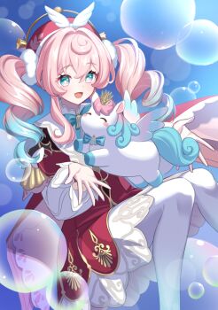 1girl 1other aqua_bow aqua_eyes aqua_hair beret blush bow commentary crown dress feathered_wings gold_crown gradient_hair hat honkai:_star_rail honkai_(series) hyacine_(honkai:_star_rail) kiki-yu little_ica_(honkai:_star_rail) long_hair long_sleeves looking_at_another mini_crown multicolored_hair open_mouth pantyhose pink_hair red_dress red_hat smile twintails white_pantyhose wings