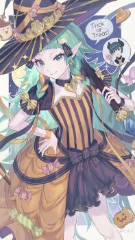 1boy 1girl ascot black_dress blue_eyes blue_hair braid broom candy closed_mouth demon_horns demon_wings dress fake_horns fire_emblem fire_emblem:_three_houses fire_emblem_heroes food full_moon ghost_ornament green_eyes green_hair hair_ribbon halloween halloween_costume hat heart highres holding holding_broom holding_candy holding_food holding_lollipop horns lollipop long_hair looking_at_viewer male_byleth_(fire_emblem) male_byleth_(halloween)_(fire_emblem) moon nintendo official_alternate_costume orange_dress over_shoulder pink_ascot pointy_ears pumpkin_ornament re_(pixiv_89203939) ribbon ribbon_braid short_sleeves smile solo_focus sothis_(fire_emblem) sothis_(halloween)_(fire_emblem) speech_bubble star_(symbol) swirl_lollipop trick-or-treating trick_or_treat very_long_hair wings witch witch_hat