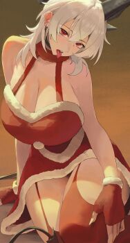 1girl absurdres alternate_breast_size_(larger) alternate_costume alternate_design arm_support bare_shoulders black_choker black_horns black_tail breasts choker cleavage commentary curled_horns demon_tail dress earrings english_commentary fingerless_gloves fingernails fur-trimmed_dress fur_trim gloves grey_hair hair_between_eyes highres horns huge_breasts jewelry key_earrings long_fingernails long_hair looking_at_viewer neid_art red_dress red_eyes red_gloves red_thighhighs sharp_fingernails solo squatting tacet_mark_(wuthering_waves) tail thighhighs thighs tongue tongue_out wuthering_waves zani_(wuthering_waves)