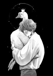 Rule 34 | 1boy, absurdres, affectionate, animal, animal hug, bird, chin strap, closed eyes, collared shirt, covered mouth, crown, fingernails, from side, goose, greyscale, highres, holding, holding animal, light particles, long sleeves, monochrome, original, profile, puffy long sleeves, puffy sleeves, sae sae, shirt, short hair, upper body