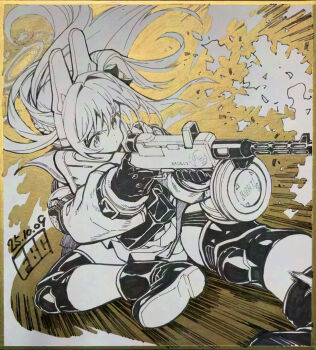 1girl blue_archive boots bow closed_mouth commentary_request dated drum_magazine fbc finger_on_trigger floating_hair gloves gun hair_between_eyes hair_bow hair_intakes headgear highres holding holding_gun holding_weapon knee_pads long_hair long_sleeves magazine_(weapon) miyako_(blue_archive) one_side_up pleated_skirt puffy_long_sleeves puffy_sleeves sailor_collar school_uniform serafuku shikishi shirt shoe_soles signature skirt solo submachine_gun suomi_kp/-31 traditional_media v-shaped_eyebrows very_long_hair weapon