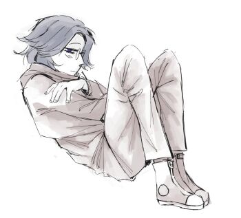 1boy aotsuki_eito blue_eyes blush closed_mouth eyebrows fingernails glasses grey_hair knees_up limited_palette looking_at_viewer male_focus simple_background solo solo_focus the_hundred_line_-last_defense_academy- white_background