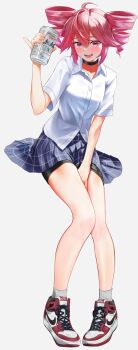 Rule 34 | 1girl, ahoge, alcohol, asahi breweries, bare arms, bare legs, beer, beer can, between legs, bike shorts, bike shorts under skirt, black choker, black shorts, blue skirt, blush, breasts, buttons, can, choker, collarbone, collared shirt, commentary request, dress shirt, drill hair, drink can, full body, grey background, grey socks, hair between eyes, hair flaps, hand between legs, highres, holding, holding can, hxk4 n, kasane teto, looking at viewer, medium breasts, miniskirt, open mouth, plaid clothes, plaid skirt, pleated skirt, red eyes, red hair, ribbed socks, school uniform, shirt, shoes, short hair, short sleeves, shorts, sidelocks, simple background, sitting, skirt, smile, sneakers, socks, solo, teeth, twin drills, untucked shirt, utau, white shirt