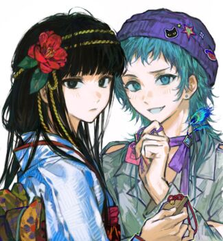 Rule 34 | 1girl, 1other, aqua eyes, aqua hair, beanie, black eyes, black hair, blunt bangs, chinese commentary, commentary request, earrings, expressionless, flower, gnosia, hair flower, hair ornament, hand up, hat, hat ornament, hibiscus, highres, hime cut, holding, japanese clothes, jewelry, kimono, long hair, looking at viewer, neck ribbon, obi, obiage, omamori, purple hat, purple ribbon, raqio, red sash, ribbon, rope, sash, shirt, simple background, smile, stud earrings, syaipaocai, teeth, upper body, white background, white kimono, white shirt, yellow rope, yellow sash, yuriko (gnosia)