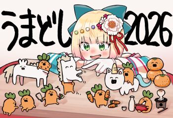 1girl 2026 aqua_bow arm_rest blonde_hair blunt_bangs blush bob_cut bottle bow choko_(cup) commentary_request cup eating fang flower food fruit gloves gradient_hair green_eyes hair_bow hair_flower hair_ornament highres hololive japanese_clothes kanzashi karashioo kimono looking_at_another mandarin_orange mochi momosuzu_nene momosuzu_nene_(new_year) multicolored_hair nekko_(momosuzu_nene) new_year official_alternate_costume official_alternate_hair_length official_alternate_hairstyle open_mouth pink_hair pointing pointing_at_another sake_bottle smile translation_request tsumami_kanzashi virtual_youtuber white_background white_gloves