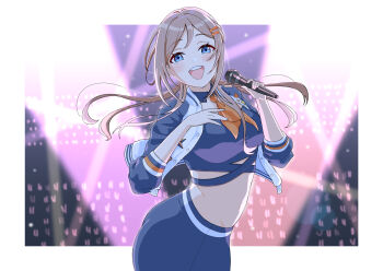 1girl a4_(ykxs5773) blue_eyes breasts brown_hair campus_mode!!_(idolmaster) crop_top gakuen_idolmaster highres himesaki_rinami holding holding_microphone idolmaster jacket large_breasts long_hair long_sleeves looking_at_viewer microphone midriff official_alternate_costume open_clothes open_jacket open_mouth smile solo upper_body