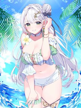 1girl absurdres bare_shoulders bikini black_bow blue_sky bow braid breasts cleavage cocoluce commentary_request commission feather_hair_ornament feathers flower green_eyes hair_bow hair_bun hair_ornament hanenone_cocone highres lace lace-trimmed_bikini lace_trim large_breasts light_rays long_hair looking_at_viewer mochiko_tsuru navel ocean palm_leaf parted_lips second-party_source single_hair_bun sky smile solo sunlight swimsuit thighs virtual_youtuber water white_bikini white_flower white_hair