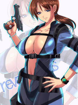 Rule 34 | 1girl, blue eyes, bodysuit, breasts, brown hair, cleavage, diving suit, full-length zipper, gun, hand on own hip, handgun, highres, holding, holding gun, holding weapon, jill valentine, large breasts, long hair, looking at viewer, low ponytail, ponytail, resident evil, resident evil: revelations, ri~hu, unzipped, weapon, wetsuit, zipper