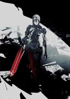 Rule 34 | 1girl, abstract background, android, arm cannon, beam cannon, beam rifle, black hair, blame!, cannon, closed mouth, destruction, energy cannon, energy gun, expressionless, full body, geometry, hair between eyes, highres, humanoid robot, joints, looking at viewer, math, mechanical arms, mechanical legs, nude, robot, robot girl, robot joints, safeguard (blame!), sanakan, science fiction, shake (shyakep), short hair, solo, standing, weapon