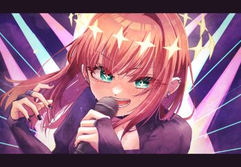 Rule 34 | 1girl, black nails, bridal gauntlets, brown hair, commentary request, cross-shaped pupils, ear piercing, earrings, eyelashes, green eyes, halo, highres, holding, holding microphone, jewelry, juliet sleeves, kimi no koto ga dai dai dai dai daisuki na 100-nin no kanojo, letterboxed, light blush, long sleeves, looking at viewer, microphone, music, nail polish, oknomyk, open mouth, piercing, portrait, puffy sleeves, saiki himeka, singing, solo, sparkle, star (symbol), sweat, symbol-shaped pupils