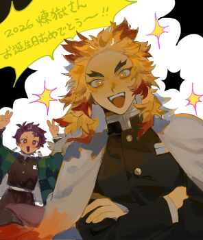 Rule 34 | 2boys, blonde hair, cape, commentary, demon slayer uniform, earrings, hanafuda earrings, highres, jewelry, kamado tanjirou, kimetsu no yaiba, kinokokokotori, long hair, multiple boys, open mouth, red eyes, red hair, rengoku kyoujurou, short hair, untranslatable commentary, white cape, yellow eyes