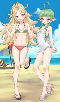 2girls :d absurdres ahoge alternate_costume armpits arms_behind_back bare_arms bare_legs bare_shoulders beach bikini blonde_hair blush collarbone commission covered_navel feet_up fire_emblem fire_emblem_awakening flip-flops frown full_body gluteal_fold green_hair hands_up highres mother_and_daughter multiple_girls nah_(fire_emblem) nail_polish navel nintendo nowi_(fire_emblem) ocean one-piece_swimsuit open_mouth outdoors pink_nails pointy_ears purple_eyes redkite333 sandals slit_pupils smile stomach swimsuit toenail_polish toenails white_one-piece_swimsuit