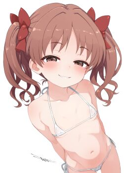 1girl absurdres bikini blush breasts brown_eyes brown_hair highres komodj loli looking_at_viewer micro_bikini navel shirai_kuroko simple_background small_breasts smile solo swimsuit toaru_kagaku_no_railgun toaru_majutsu_no_index twintails white_background white_bikini