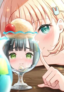 2girls absurdres blush cherry close-up condensation eating food fruit green_eyes green_hair hair_ornament hanazora_satsuki head_rest highres hinoshita_kaho ice_cream link!_like!_love_live! love_live! momose_ginko multiple_girls one_eye_covered orange_hair rabbit_hair_ornament reflection signature spoon sundae wavy_mouth