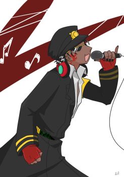 Rule 34 | 1boy, :3, armband, belt, black hair, coat, dark-skinned male, dark skin, facing away, fang, fingerless gloves, formal clothes, glasses, gloves, happy, hat, headphones, highres, hitokoe mitsuru, jacket, long coat, male focus, microphone, musical note, nanbaka, open clothes, open mouth, open shirt, piercing, shirt, short hair, simple background, smile, solo, suit, sunglasses, tattoo, white background