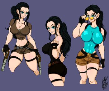 1girl abs alternate_costume alternate_hairstyle antique_firearm bare_shoulders belt black_hair blue_eyes breasts cleavage_cutout clothing_cutout cosplay crossdressing crossdressing_(ftm) crossover female_focus firearm firelock flintlock frilled_thigh_strap gloves gun handgun lara_croft lara_croft_(cosplay) large_breasts long_hair looking_at_viewer nico_robin one_piece pistol pointing pointing_at_viewer shirt shorts sideboob sleeveless sleeveless_shirt smile sunglasses suspenders swimsuit tank_top thick_thighs thigh_strap thighs tomb_raider tomb_raider_(reboot) weapon