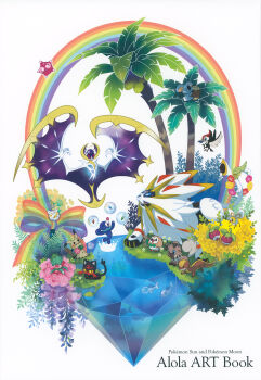 :o @_@ artist_request bird blue_eyes bounsweet bubble closed_eyes closed_mouth comfey copyright_name cover cover_page cutiefly english_text fish flower flying fomantis food fruit gem gen_7_pokemon grass highres in_tree komala legendary_pokemon litten lunala mimikyu minior minior_(core) minior_(red_core) nintendo no_humans official_art open_mouth palm_tree pikipek pink_flower pokemon pokemon_(creature) pokemon_focus pokemon_sm popplio rainbow rainbow_ribbon red_flower rockruff scan simple_background sleeping smile solgaleo third-party_source togedemaru tree water white_background white_flower wishiwashi wishiwashi_(solo) yellow_flower yungoos z-crystal