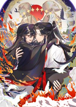 2boys bird bishounen black_hair black_hanfu carrying chinese_clothes chinese_commentary closed_mouth couple fire gufuguier hair_down hair_ribbon half_updo hanfu headband highres hug lan_wangji long_hair long_sleeves looking_at_another male_focus modao_zushi multiple_boys official_alternate_hairstyle open_mouth ponytail princess_carry red_eyes red_ribbon red_sash ribbon robe sash sidelocks skeleton skull smile smoke sun upper_body vambraces wei_wuxian wei_wuxian_(yiling_laozu) white_bird white_hanfu white_headband wide_sleeves xiao_guan_(headdress) yaoi yellow_eyes