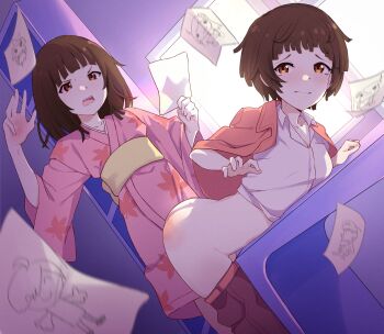 2girls absurdres angry araragi_karen araragi_koyomi araragi_tsukihi ass belt bent_over blush breasts brown_eyes brown_hair choppy_bangs clothes_lift clothes_pull collarbone collared_shirt commission commissioner_upload current_nadeko desk doodle_inset drawing_(object) falling_paper femdom fingernails grimace hand_blush highres holding holding_paper humiliation indoors jacket japanese_clothes kimono leaf_print light_rays linatai looking_at_viewer maple_leaf_print medium_hair monogatari_(series) multiple_girls non-web_source obi open_clothes open_jacket open_mouth pants pants_pull paper petite sash selfcest sengoku_nadeko shelf shirt shirt_lift short_hair small_breasts spanked spanking tearing_up teeth upper_teeth_only wide_sleeves window wrath_nadeko