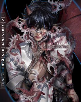 1boy aegyo_sal bandaid bandaid_on_face bandaid_on_nose bat_wings bifurcated_jaw black_hair blue_eyes body_horror collared_shirt colored_extremities commentary cuffs english_commentary extra_teeth guro hand_up highres horns jewelry looking_at_viewer male_focus necklace original red_eyes sacrilaig serious shackles shirt short_hair sleeves_rolled_up solo white_shirt wings