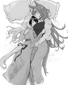 2girls animal_ears blush breasts character_request closed_eyes closed_mouth commentary_request cuddling dress highres horse_ears horse_girl horse_tail large_breasts long_hair multicolored_hair multiple_girls pants pillow raraoa_(lalaoa) sirius_symboli_(umamusume) sleeping smile streaked_hair tail umamusume yuri