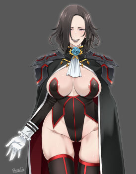 1girl areola_slip armor bindi black_cape black_lips black_thighhighs blue_flower blue_rose breasts brown_hair butcha-u cape cleavage closed_mouth covered_erect_nipples cropped flower frills gloves glowing gold grey_background half-closed_eyes highres lipstick makeup mole mole_on_breast original pauldrons purple_eyes rose shiny_skin shoulder_armor signature simple_background smile solo thighhighs thorns white_gloves