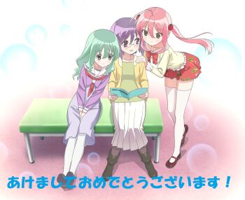3girls ahoge blush breasts commentary_request food-themed_hair_ornament glasses green_eyes green_hair hair_ornament highres holding ichinose_futaba kohana_rin long_hair moesaki_ichigo multiple_girls official_art open_mouth pink_hair purple_eyes purple_hair school_uniform script serafuku short_hair sitting skirt smile sore_ga_seiyuu! strawberry_hair_ornament twintails yellow_eyes
