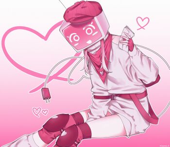 Rule 34 | 1girl, bandana, beret, cable, cable tail, crt, fingerless gloves, forsaken (roblox), gloves, gradient background, hat, heart, heart tail, highres, holding, holding letter, jatoeseo 11, knee pads, leg warmers, letter, mechanical tail, object head, open mouth, pink background, pink bandana, pink hat, roblox, smile, solo, sweater, tail, television, veeronica (forsaken), white leg warmers, white sweater