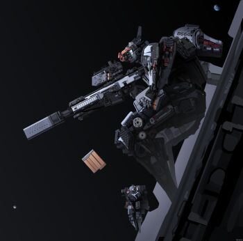 2others absurdres ambiguous_gender astronaut commentary cqcnorthfish earth_(planet) finger_on_trigger floating full_body highres holding holding_weapon magazine_(weapon) mecha moon multiple_others original other_focus planet reloading robot space suppressor weapon