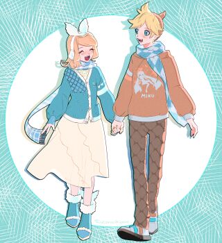 1boy 1girl blonde_hair blue_cardigan blue_scarf blush bow cardigan closed_eyes commentary dress earmuffs english_commentary full_body green_eyes hair_bow happy hatsune_miku highres holding_hands kagamine_len kagamine_rin long_skirt long_sleeves nail_polish open_mouth orange_sweater ribbon scarf shadow short_hair skirt smile sweater twitter_username vocaloid walking white_bow winter_clothes zontik2404