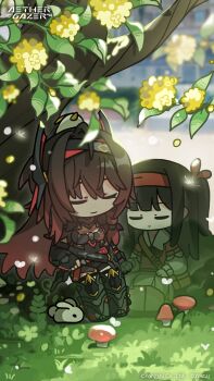 Rule 34 | 2girls, aether gazer, armor, artist request, black armor, black hair, brown hair, character request, chibi, closed eyes, copyright name, copyright notice, flower, grass, highres, long hair, multiple girls, mushroom, rabbit, sleeping, tree, verthandi (aether gazer), yellow flower