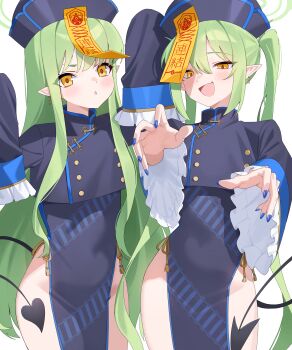 2girls absurdres blue_archive blue_dress blue_nails blush breasts chinese_clothes coin_hair_ornament covered_navel ddog demon_tail dress green_hair green_halo hair_ornament halo hat highres hikari_(blue_archive) jiangshi jiangshi_costume long_hair long_sleeves looking_at_viewer multiple_girls no_panties nozomi_(blue_archive) ofuda ofuda_on_head open_mouth outstretched_arms pointy_ears print_dress qingdai_guanmao simple_background sleeves_past_fingers sleeves_past_wrists small_breasts smile tail white_background yellow_eyes