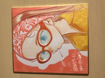 1girl absurdres blonde_hair blue_eyes collared_shirt commentary_request exif_rotation glasses haguhagu_(rinjuu_circus) hairband highres long_hair looking_to_the_side mouth_hold original photo_(medium) sasha_(haguhagu) shikishi shirt solo traditional_media upper_body