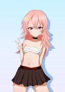 1girl animeoekaki arm_behind_back bare_shoulders benisumomo black_choker blue_background breasts brown_skirt choker closed_mouth collarbone cowboy_shot dot_nose eyelashes female_focus gradient_background hand_up kunoichi_tsubaki_no_mune_no_uchi long_hair looking_at_viewer matching_hair/eyes miniskirt navel petite pink_eyes pink_hair purple_background sarashi shadow simple_background skirt small_breasts smile smug solo standing straight-on two-tone_background v