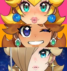 Rule 34 | 3girls, aqua eyes, blonde hair, blue eyes, brown hair, close-up, commentary, dancho no mori, earrings, english commentary, gem, green gemstone, hair over one eye, highres, jewelry, lipstick, looking at viewer, makeup, mario (series), multiple girls, nintendo, one eye closed, orange background, parted lips, pink background, princess daisy, princess peach, rosalina, sky, star (sky), star (symbol), star earrings, starry sky, super mario galaxy