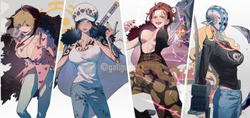 4girls arm_tattoo black_hair black_nails blonde_hair blood breast_tattoo breasts canon_genderswap cape chest_tattoo cigarette cleavage clown_makeup coif cybernetic_arm cybernetics cyborg denim donquixote_rocinante eustass_kid facepaint female_focus galiguomin genderswap genderswap_(mtf) goggles goggles_on_head hand_tattoo hat helmet highres jeans killer_(one_piece) large_breasts lipstick long_hair makeup mask masked mask medium_breasts multiple_girls one_piece pants red_hair red_lips scar short_hair smile smoking tank_top tattoo trafalgar_law underboob weapon