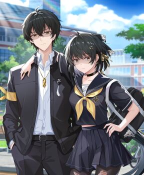 abby_(wuthering_waves) absurdres alternate_costume antenna_hair arm_around_shoulder bag bag_charm black_bag black_bow black_choker black_hair black_jacket black_pants black_pantyhose black_sailor_collar black_serafuku black_shirt black_skirt blue_sky bow breasts character_charm charm_(object) chinese_commentary choker closed_mouth collarbone collared_shirt commentary_request day dual_persona female_rover_(wuthering_waves) hair_bow hair_ornament hair_ribbon hairclip hand_in_pocket hand_on_own_hip highres jacket jewelry long_hair looking_at_viewer male_rover_(wuthering_waves) medium_breasts neckerchief necklace outdoors pants pantyhose parallel_hairclips partial_commentary ribbon rover_(wuthering_waves) sailor_collar school_bag school_uniform serafuku shaded_face shirt shoulder_bag skirt sky torn_clothes torn_pantyhose white_shirt wuthering_waves xiongji_z_z yellow_eyes yellow_neckerchief yellow_ribbon