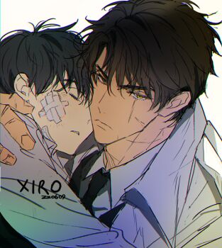 2boys bandage_on_face bandages black_eyes black_hair black_necktie carrying carrying_person closed_eyes coat collared_shirt commentary frown hair_between_eyes hand_on_another&#039;s_shoulder head_on_another&#039;s_shoulder heterochromia kim_dokja looking_at_viewer male_focus multiple_boys multiple_scars narrowed_eyes necktie oldest_dream omniscient_reader&#039;s_viewpoint open_clothes open_coat parted_lips popped_collar scar scar_across_eye scar_on_face secretive_plotter serious shirt short_hair symbol-only_commentary upper_body white_coat white_shirt xiro yellow_eyes yoo_joonghyuk