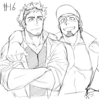 2boys absurdres arm_around_shoulder bara bare_pectorals commentary_request crossed_arms eyewear_on_head facial_hair glasses goatee goatee_stubble grin highres large_pectorals male_focus monochrome multiple_boys nintendo odaibako pectorals pokemon pokemon_go pokemon_sm professor_kukui professor_willow short_hair sketch sleeves_rolled_up smile stubble yakisoba_ohmori