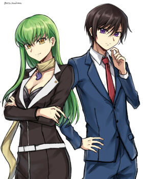 1boy 1girl artist_name belt black_bra black_hair blue_jacket blue_pants blue_suit bra c.c. closed_mouth code_geass collarbone collared_shirt crossed_arms formal_clothes green_eyes hair_between_eyes hand_on_own_hip highres jacket lelouch_vi_britannia long_hair long_sleeves necktie pants purple_eyes red_necktie setu_kurokawa shirt short_hair simple_background smile standing suit twitter_username underwear watermark white_background white_belt white_shirt yellow_eyes